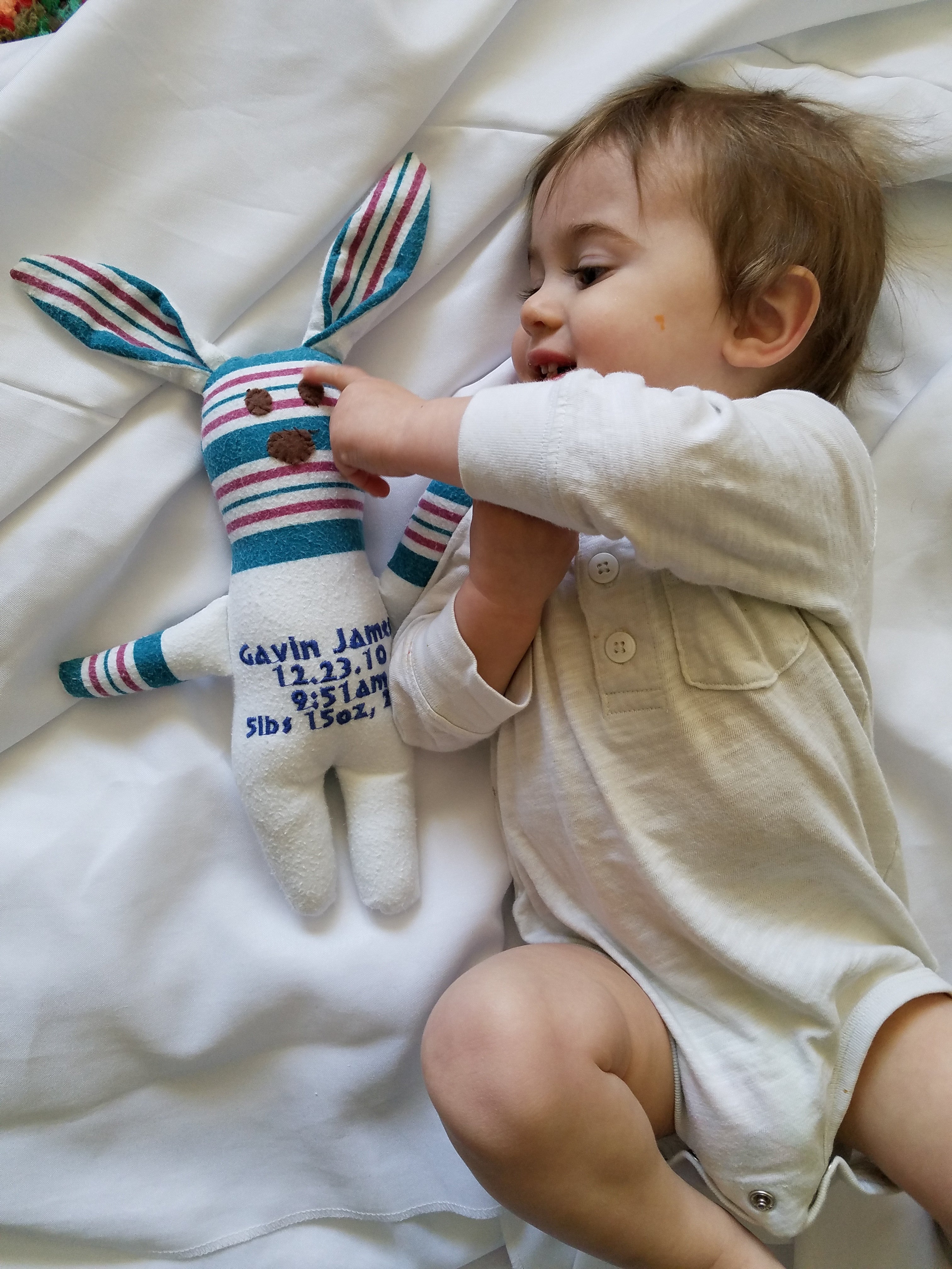 Birth Blanket Keepsake Bunny, Embroidered Toy, Baby Blanket Toy-Stitches by Natalie-Stitches by Natalie