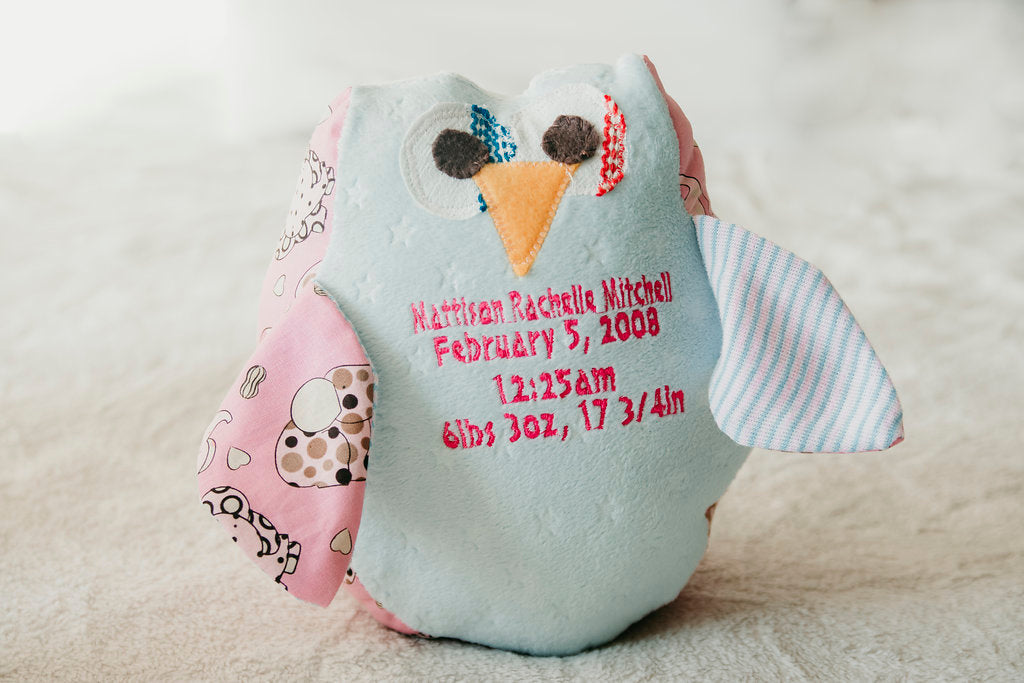 Birth Owl, Memory Owl, Keepsake, Baby Blanket keepsake-Stitches by Natalie-Stitches by Natalie